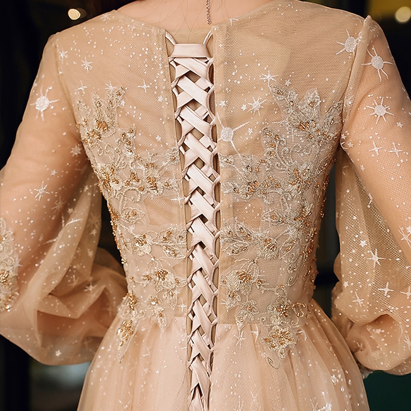 A-Line Prom Dresses Cute Dress Wedding Guest Party Wear Floor Length Long Sleeve Jewel Neck Tulle with Sequin Appliques2