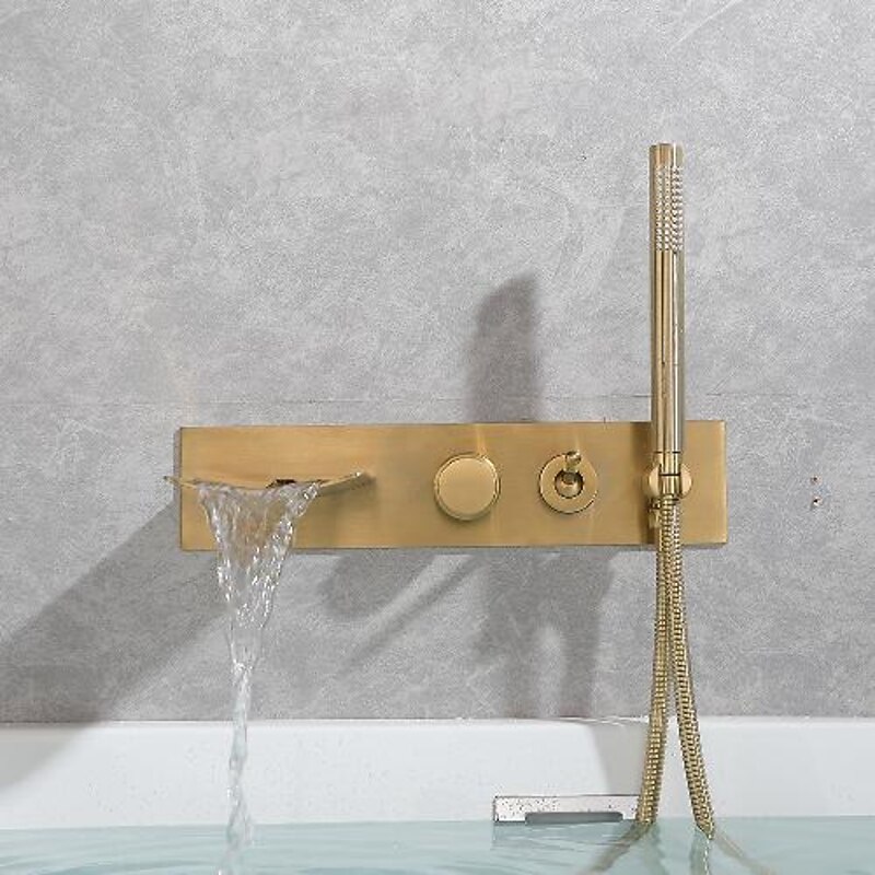 Bathtub Faucet,Brass Brushed Gold/Black Wall Installation Waterfall Included Handshower of Spray Type Bath Shower Mixer Taps with Hot and Cold Water3