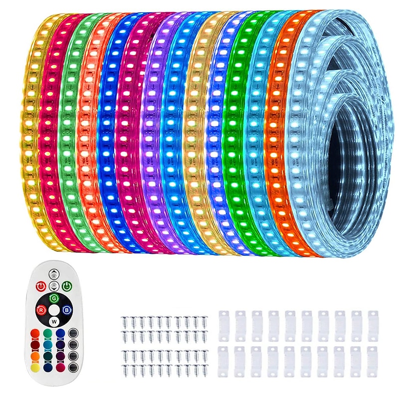Multi Length LED RGB Strip Lights Dimmable Color Change Fairy Christmas 5050 60LED String Lights IP65 Waterproof Indoor Outdoor Rope Lights with Remote LED Strip Lighting 8x16mm AC220V