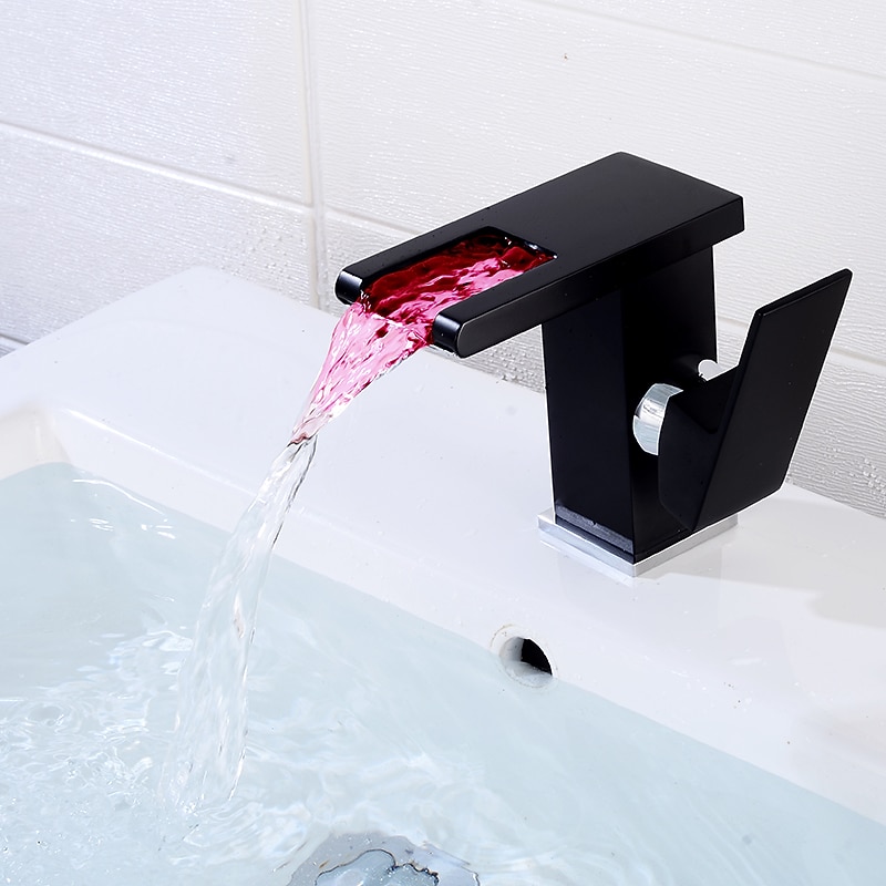 Modern Style Bathroom Sink Faucet LED/Waterfall Electroplated Centerset Single Handle One HoleBath Taps/Bathroom Sink Faucet+ Accessories/Contemporary/Vintage/Yes/Brass3