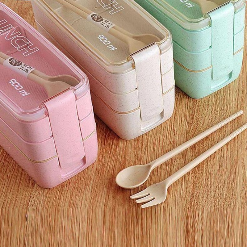 900ml Portable Lunch Box 3 Layer Wheat Straw Bento Boxes Microwave Dinnerware Food Storage Container Foodbox 1set4