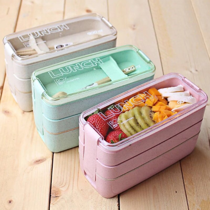 900ml Portable Lunch Box 3 Layer Wheat Straw Bento Boxes Microwave Dinnerware Food Storage Container Foodbox 1set3