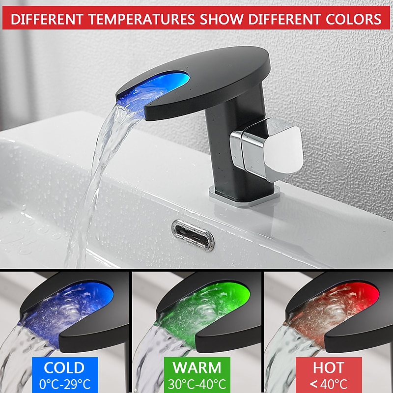 Bathroom Sink Faucet,LED Waterfall Temperature Controlled 3-Colors Electroplated Centerset Single Handle One Hole Bath Taps2