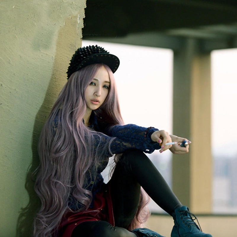 Pink Wigs For Women Synthetic Wig Cosplay Wig Wavy Kardashian Wavy Asymmetrical with Bangs Wig Pink Long Pink Synthetic Hair Women's with Bangs Pink Halloween Wigs4