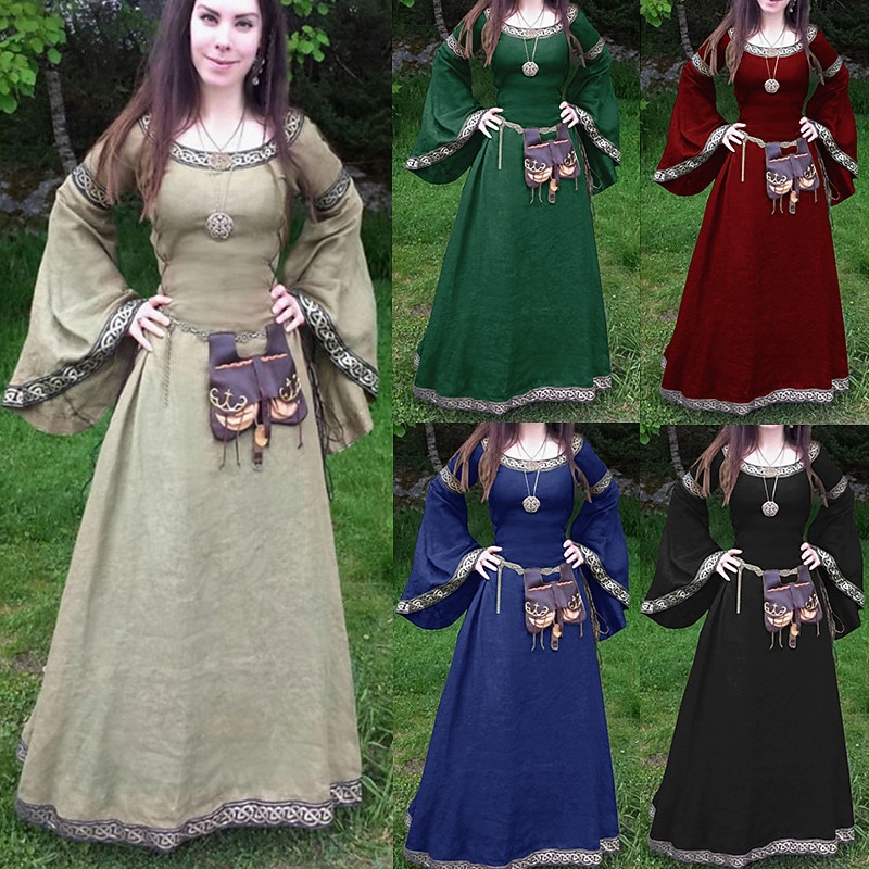 Outlander Plus Size Classic & Timeless Medieval Cocktail Dress Vintage Dress Fall Spring & Summer Prom Dress Female Adults' Costume Vintage Cosplay Round Neck Ankle Length Halloween / Washable / #