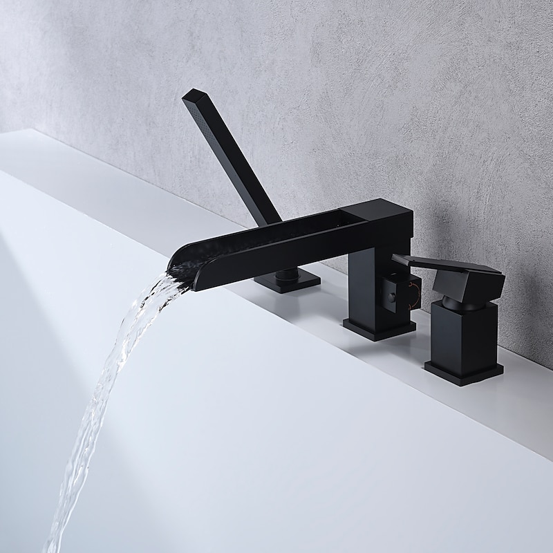 Bathtub Faucet Waterfall Long Spout Bath Tub Filler Mixer Taps Golden with Heldhand Shower 60 inch Hose, 3 Hole 2 Handle Deck Mounted Widespread Bathroom2