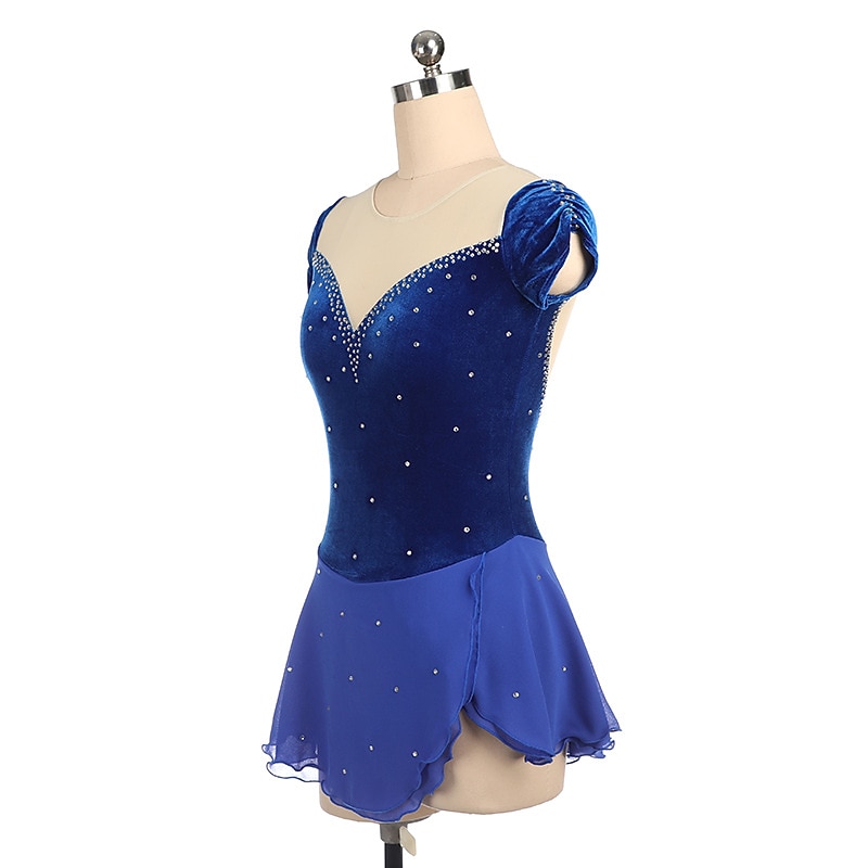 Figure Skating Dress Women's Girls' Ice Skating Dress Outfits Burgundy Royal Blue Patchwork Asymmetric Hem Mesh Spandex High Elasticity Training Competition Skating Wear Handmade Crystal / Rhinestone3