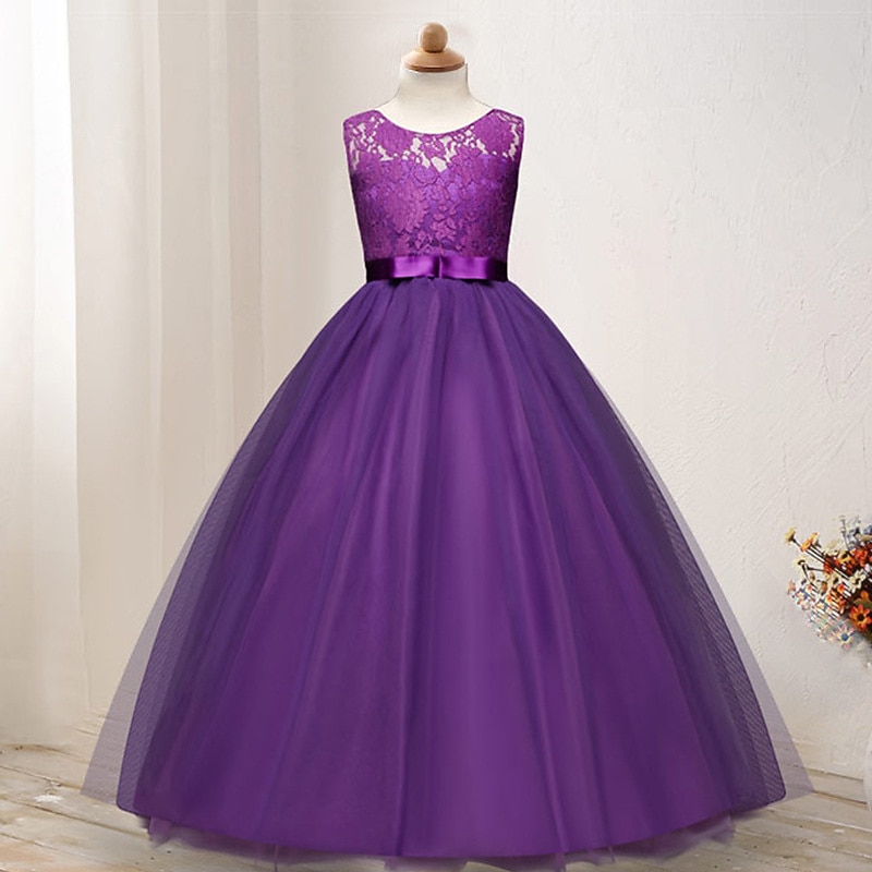 Kids Girls' Flower Girl Dress Dress Solid Colored Sleeveless Wedding Party Lace Mesh Cute Polyester Maxi Flower Girl's Dress Summer 4-13 Years Colorful purple Color powder White4