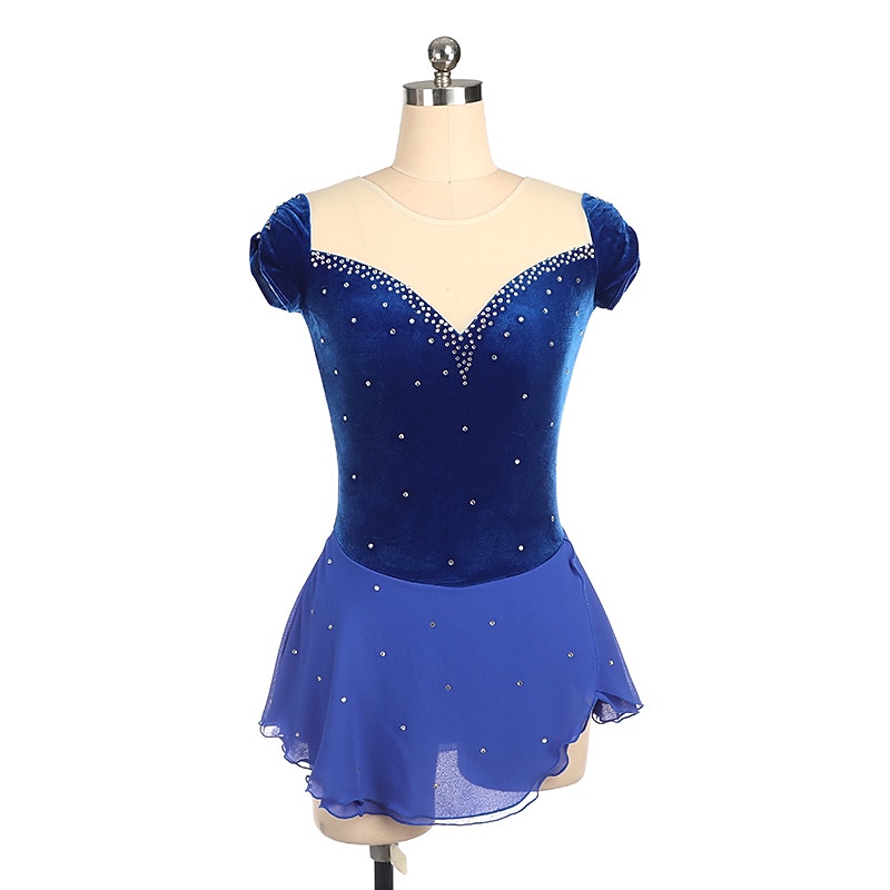 Figure Skating Dress Women's Girls' Ice Skating Dress Outfits Burgundy Royal Blue Patchwork Asymmetric Hem Mesh Spandex High Elasticity Training Competition Skating Wear Handmade Crystal / Rhinestone2