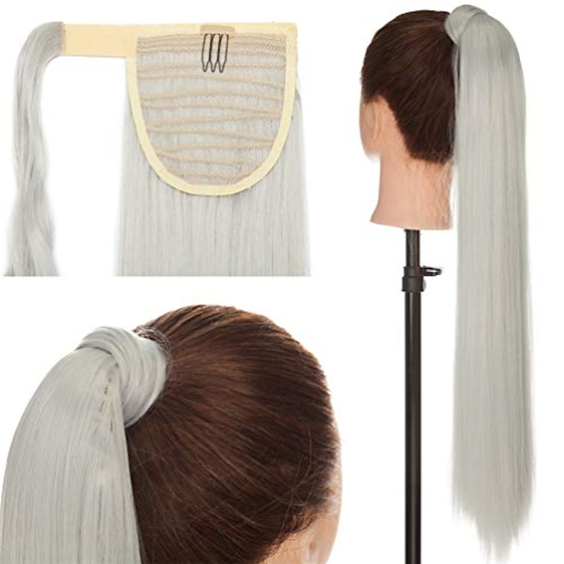 26" long straight wrap around ponytail extensions synthetic clip in ponytail hair extensions hairpiece - silver gray2