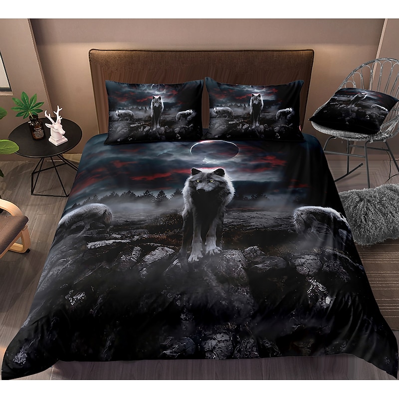 3D Wolf Print Duvet Cover Bedding Sets Comforter Cover with 1 Duvet Cover or Coverlet，1Sheet，2 Pillowcases for Double/Queen/King(1 Pillowcase for Twin/Single)