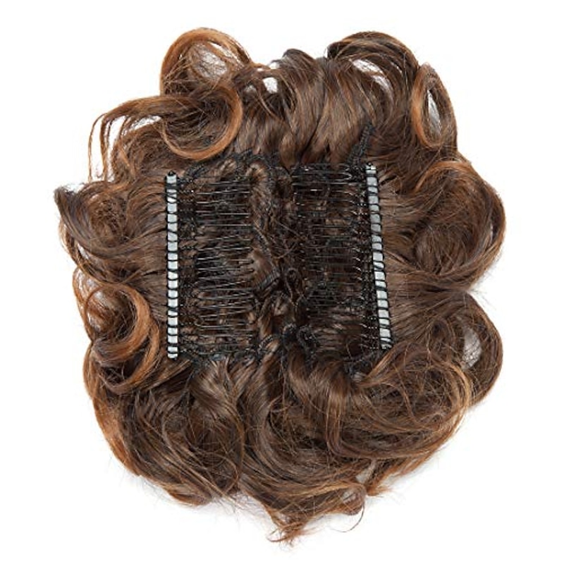 Short Messy Curly Dish Hair Bun Extension Easy Stretch Hair Combs Clip In Chignon Tray Ponytail Hairpieces - Dark Brown To Light Auburn3