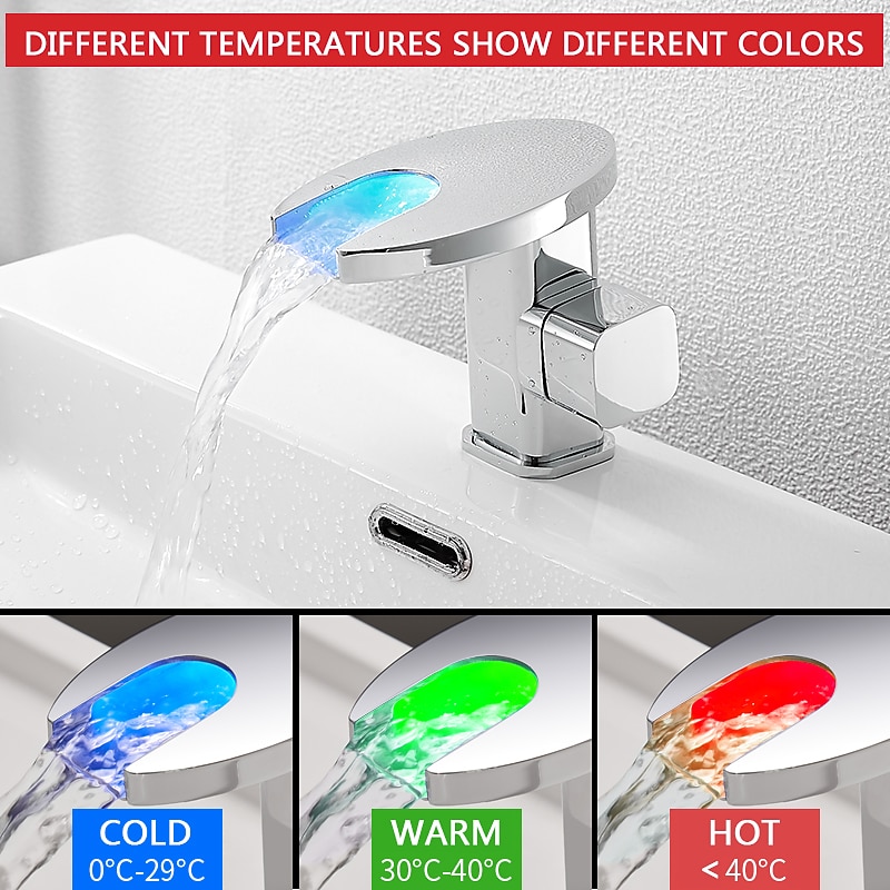 Bathroom Sink Faucet,LED Waterfall Temperature Controlled 3-Colors Electroplated Centerset Single Handle One Hole Bath Taps3