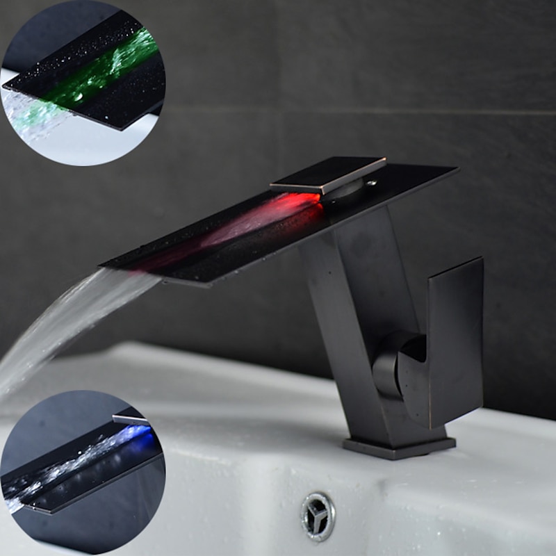 Bathroom Faucet LED Waterfall Spout 3 Color Changes with Temperature, Sink Mixer Mono Basin Taps, Single Handle One Hole Brass Washroom Vessel Tap Deck Mounted2