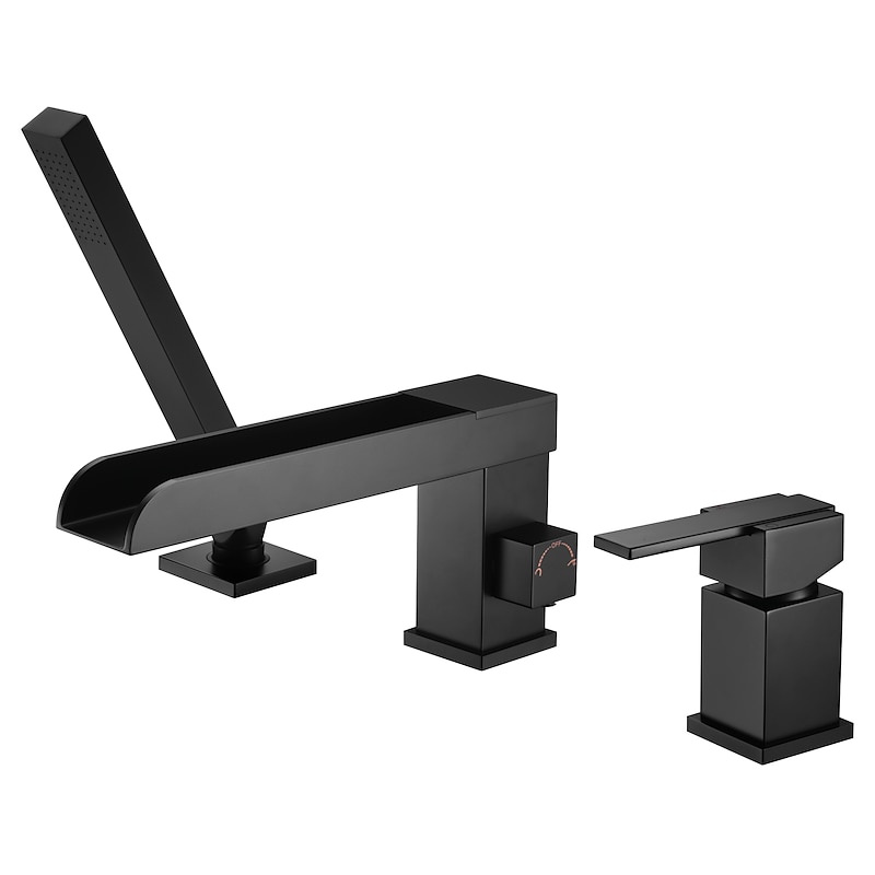 Bathtub Faucet Waterfall Long Spout Bath Tub Filler Mixer Taps Golden with Heldhand Shower 60 inch Hose, 3 Hole 2 Handle Deck Mounted Widespread Bathroom4