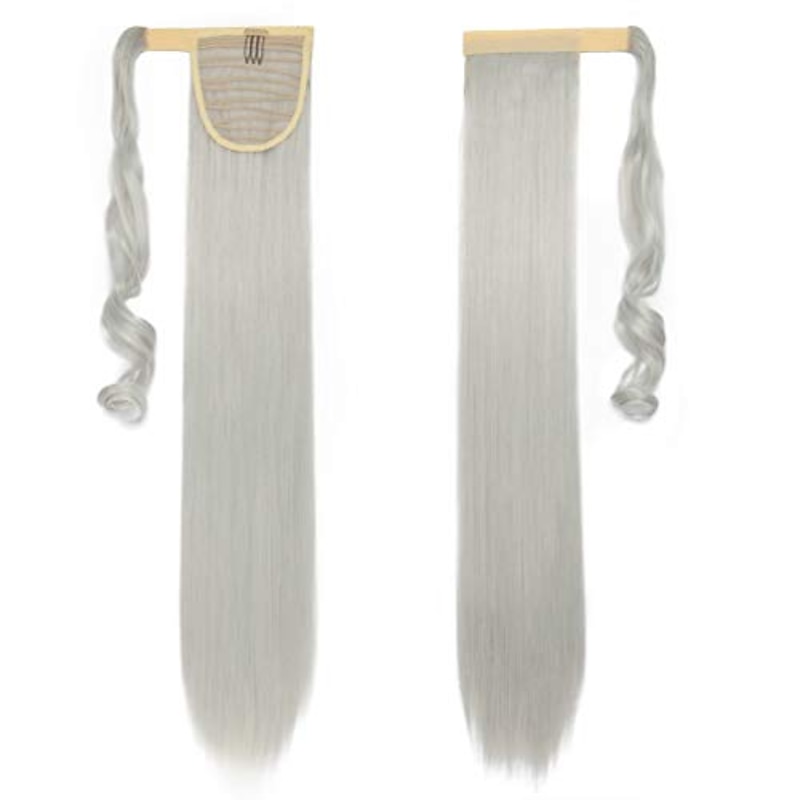 26" long straight wrap around ponytail extensions synthetic clip in ponytail hair extensions hairpiece - silver gray4