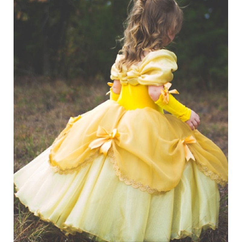 Kids Girls' Beauty And The Beast Princess Belle Costume Dress Cartoon Layered Ruched Lace Yellow Maxi Short Sleeve Cute Dresses Regular Fit4
