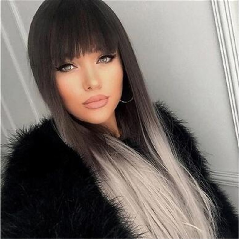 Ombre Wigs for Women Long Straight Synthetic Hair Wigs with Bangs Black Ombre Gray Wigs 26 Inch2