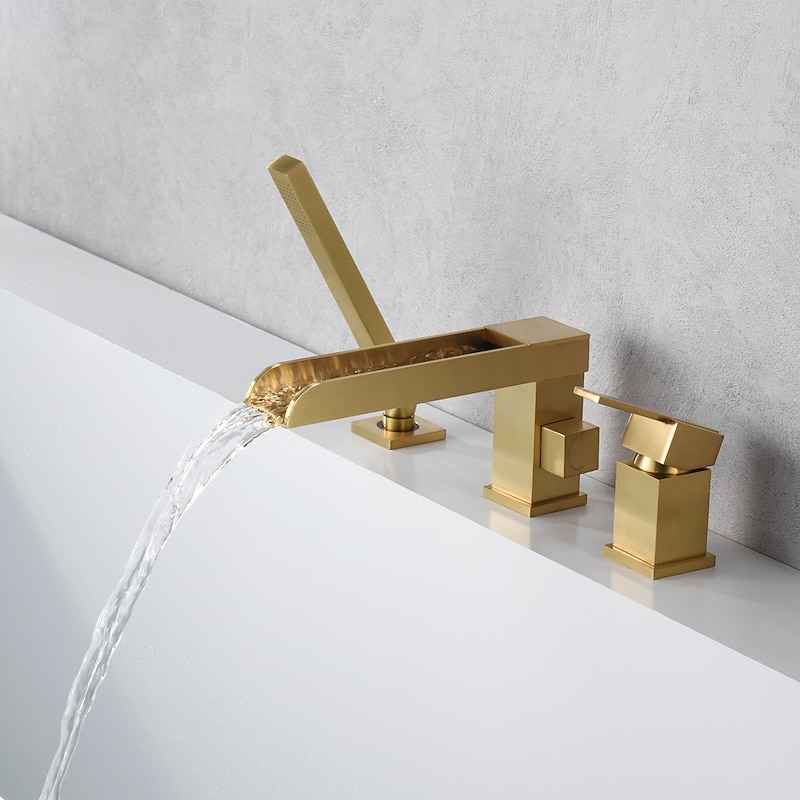 Bathtub Faucet Waterfall Long Spout Bath Tub Filler Mixer Taps Golden with Heldhand Shower 60 inch Hose, 3 Hole 2 Handle Deck Mounted Widespread Bathroom - Main Image