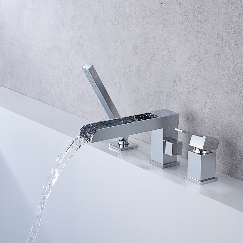 Bathtub Faucet Waterfall Long Spout Bath Tub Filler Mixer Taps Golden with Heldhand Shower 60 inch Hose, 3 Hole 2 Handle Deck Mounted Widespread Bathroom3