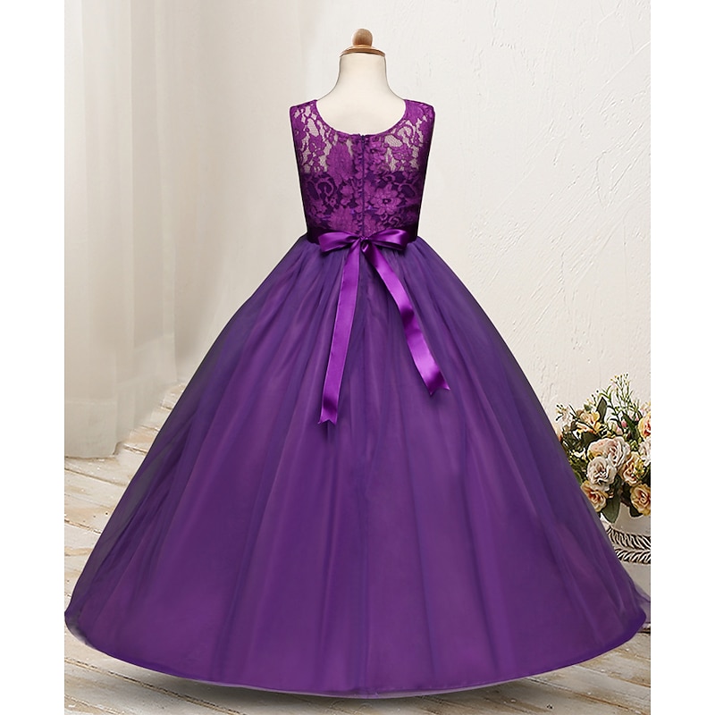 Kids Girls' Flower Girl Dress Dress Sleeveless Wedding Party Lace Mesh Cute Polyester Maxi Flower Girl's Dress Colorful purple Color powder White2