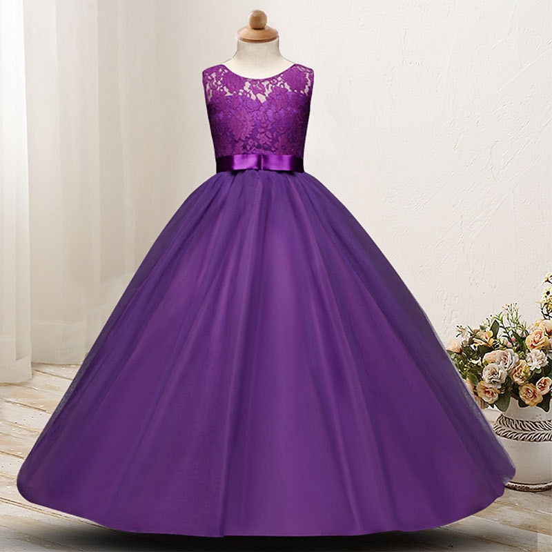 Kids Girls' Flower Girl Dress Dress Sleeveless Wedding Party Lace Mesh Cute Polyester Maxi Flower Girl's Dress Colorful purple Color powder White3