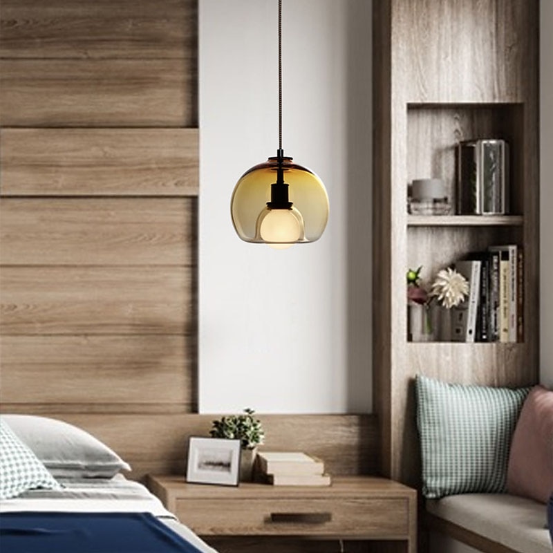 LED Pendant Light Gray Amber Glass Globe Single Design Modern Nordic 25cm Dining Room Bedside Light Electroplated 110-120V 220-240V3