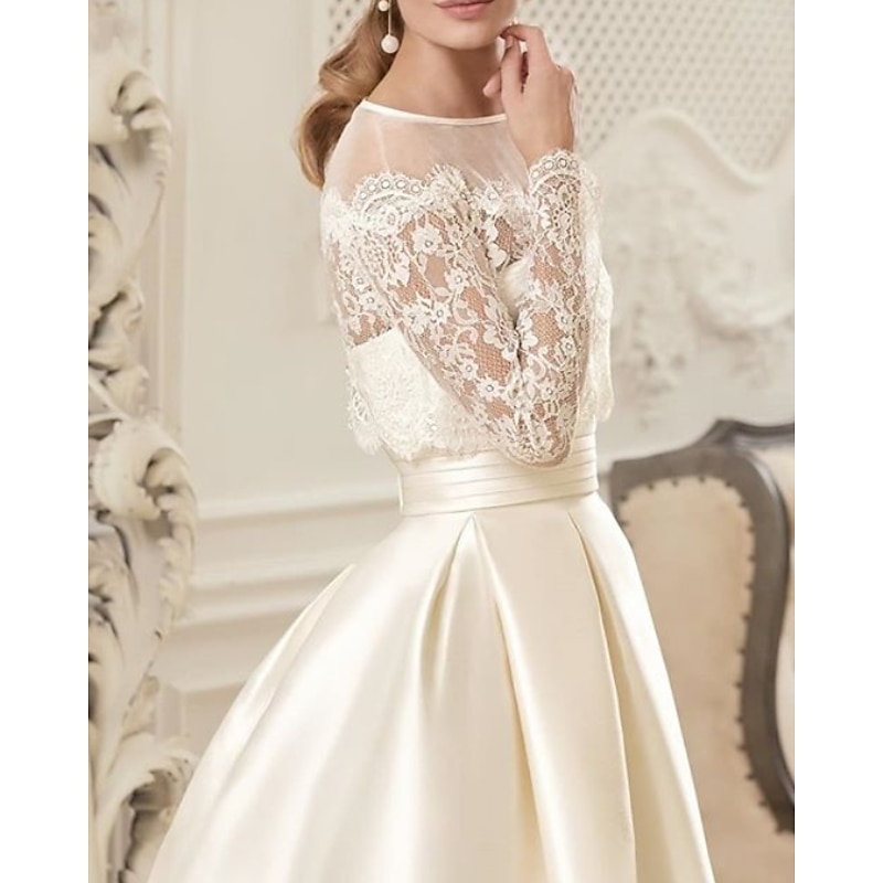 Engagement Vintage 1940s / 1950s Formal Wedding Dresses A-Line Illusion Neck Long Sleeve Floor Length Satin Bridal Gowns With Pleats Beading2