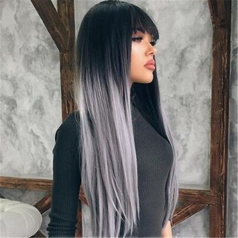 Ombre Wigs for Women Long Straight Synthetic Hair Wigs with Bangs Black Ombre Gray Wigs 26 Inch3