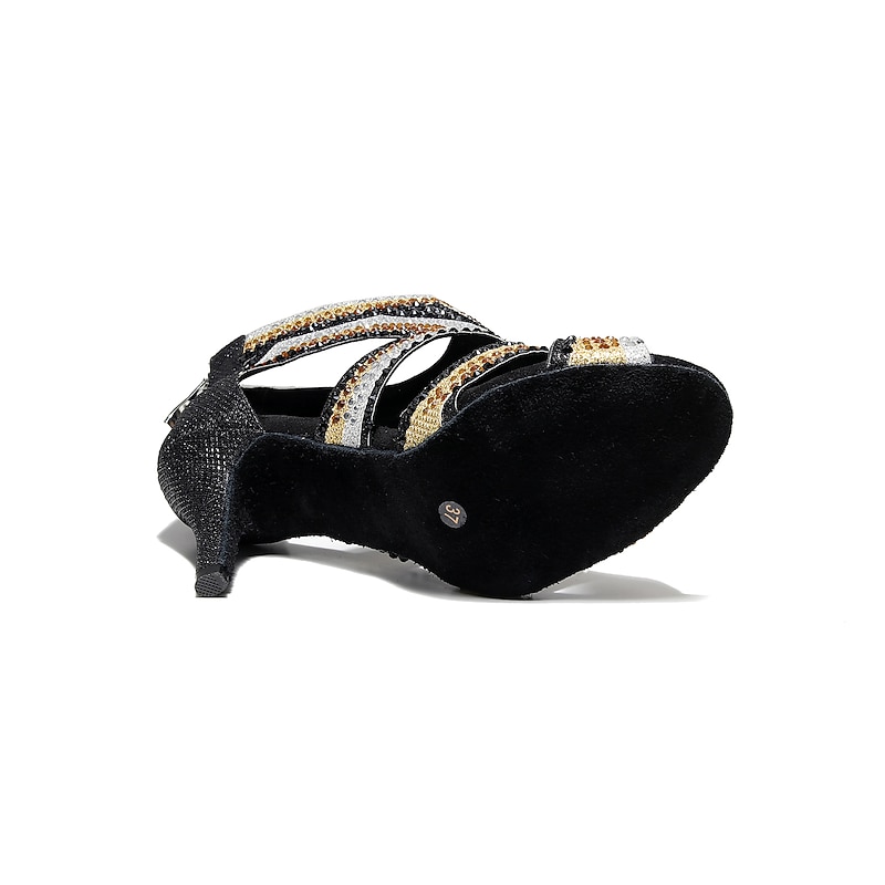 Women's Salsa Shoes Dance Boots Tango Shoes Performance Training Ankle Boots Heel Crystal / Rhinestone Sided Hollow Out Slim High Heel Peep Toe Zipper Lace-up Adults' Black / Gold4