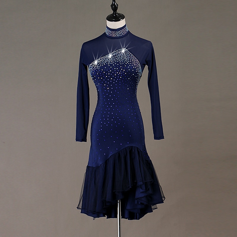 Dance Salsa Latin Dance Dress Cascading Ruffles Crystals / Rhinestones Women's Performance Training Long Sleeve Natural Elastane Tulle4