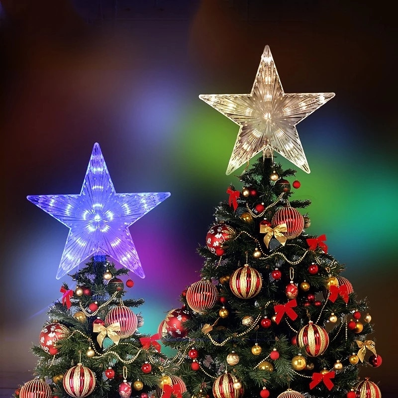 Christmas Tree Star Topper Lights LED Night Light Topper Christmas Tree Ornaments LED For Home Xmas New Year Party Decor Holiday Lighting AA Battery Power