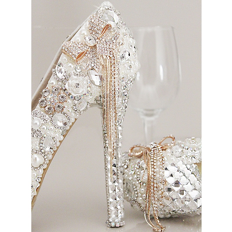 Women's White Rhinestone and Pearl Embellished Platform Stiletto Heels with Bow Accent – Luxury Bridal Wedding Shoes2