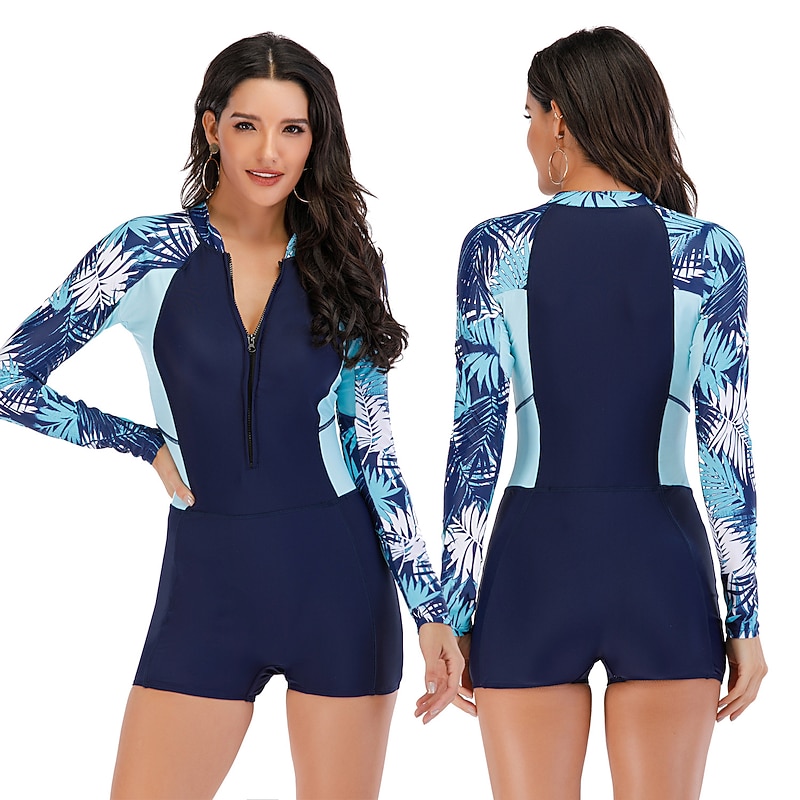Women's Rash guard Swimsuit UV Sun Protection UPF50+ Quick Dry Long Sleeve Bodysuit Bathing Suit Front Zip Boyleg Swimming Surfing Beach Water Sports Summer Spring Autumn / Fall