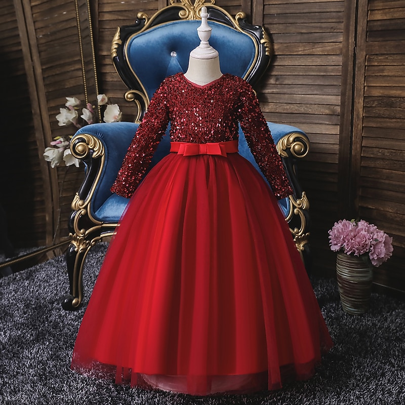 Flower Girl Dress Girls' Dress Party Dress Performance Wedding Party Cute Sweet Thanksgiving New Year Sequins Long Sleeve V Neck Red Blue 4-13 Years4