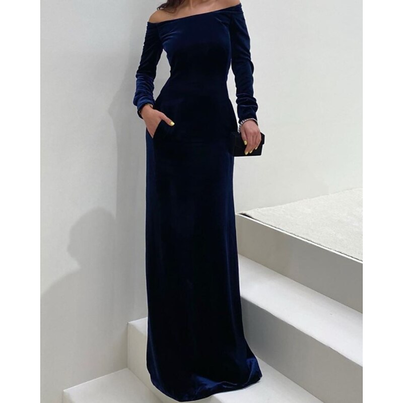 Sheath Evening Gown Elegant Dress Formal Evening Floor Length Long Sleeve Off Shoulder Fall Wedding Guest Velvet with Sleek2