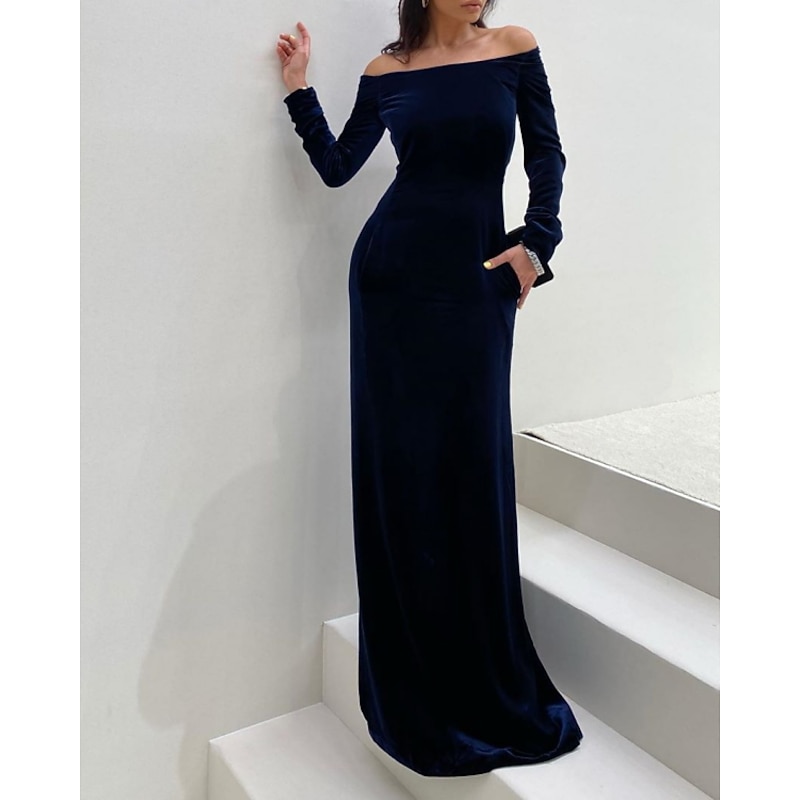 Sheath Evening Gown Elegant Dress Formal Evening Floor Length Long Sleeve Off Shoulder Fall Wedding Guest Velvet with Sleek