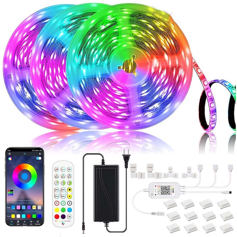 LED Strip Lights Bluetooth App Control 20m 66ft 600LEDs / 15m 49ft450LEDs RGB Color Changing SMD5050 Flexible Music Sync for Home Room Kitchen TV Decoration