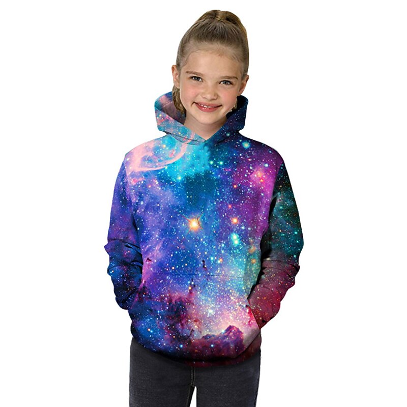 Girls' 3D Galaxy Geometric Color Block Hoodie Long Sleeve 3D Print Spring Fall Winter Active Basic Kids Toddler 2-12 Years Outdoor Daily
