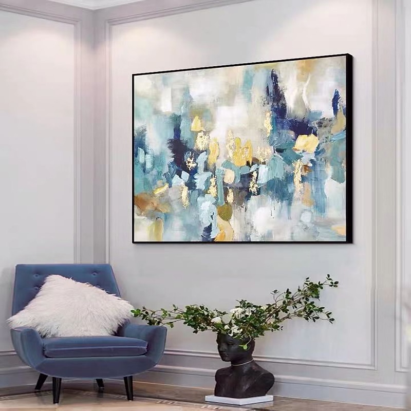 Handmade Oil Painting Canvas Wall Art Decoration Abstract Golden and Blue Color Paintings for Home Decor Rolled Frameless Unstretched Painting4