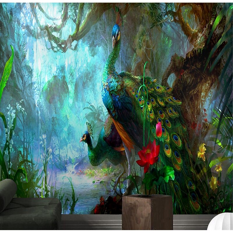 Mural Wallpaper Wall Sticker Covering Print Peel and Stick Removable Bamboo Peacock Bird Canvas Home Décor3