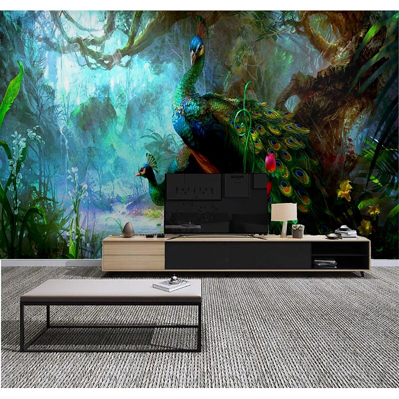 Mural Wallpaper Wall Sticker Covering Print Peel and Stick Removable Bamboo Peacock Bird Canvas Home Décor4