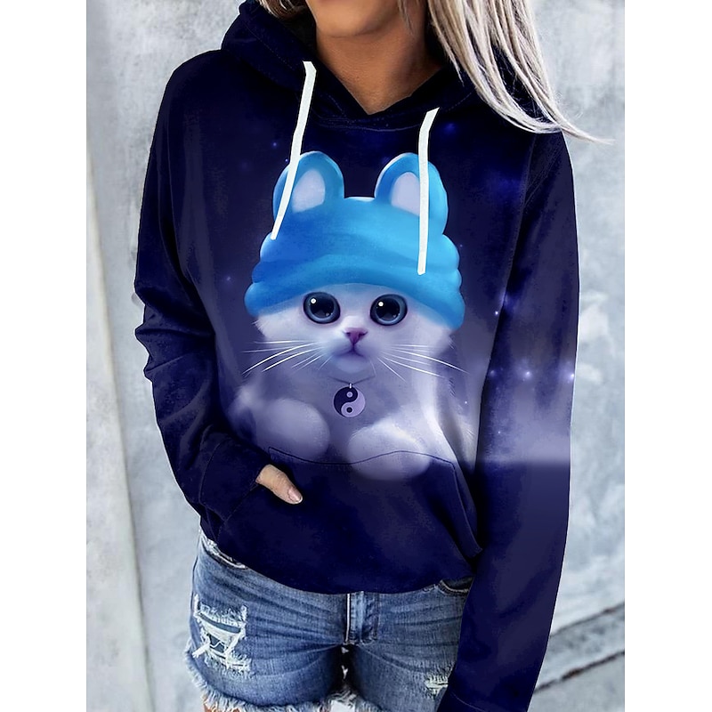 Women's Hoodie Pullover Cat Graphic Tie Dye Front Pocket Print Daily Other Prints Basic Casual Hoodies Sweatshirts  Blue Black Brown Comfrt Breathable Soft Fabric2