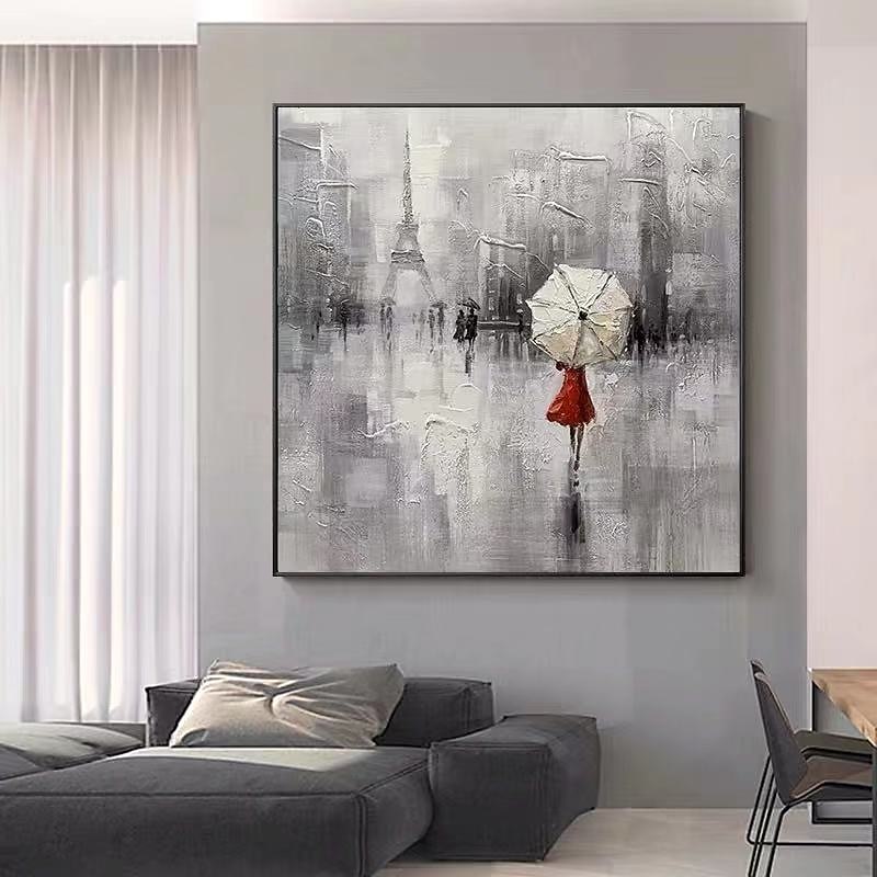 Large Size Oil Painting 100% Handmade Hand Painted Wall Art On Canvas Eiffel Tower Women Hold An Umbrella Modern Contemporary Home Decoration Decor Rolled Canvas No Frame Unstretched