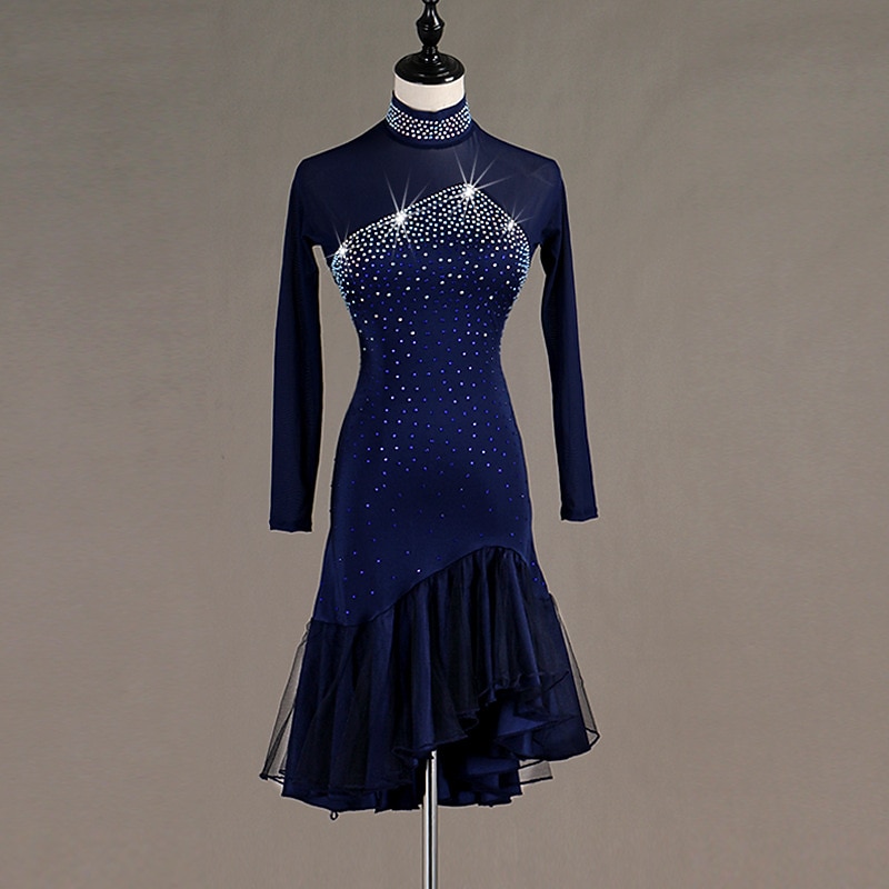 Dance Salsa Latin Dance Dress Cascading Ruffles Crystals / Rhinestones Women's Performance Training Long Sleeve Natural Elastane Tulle2