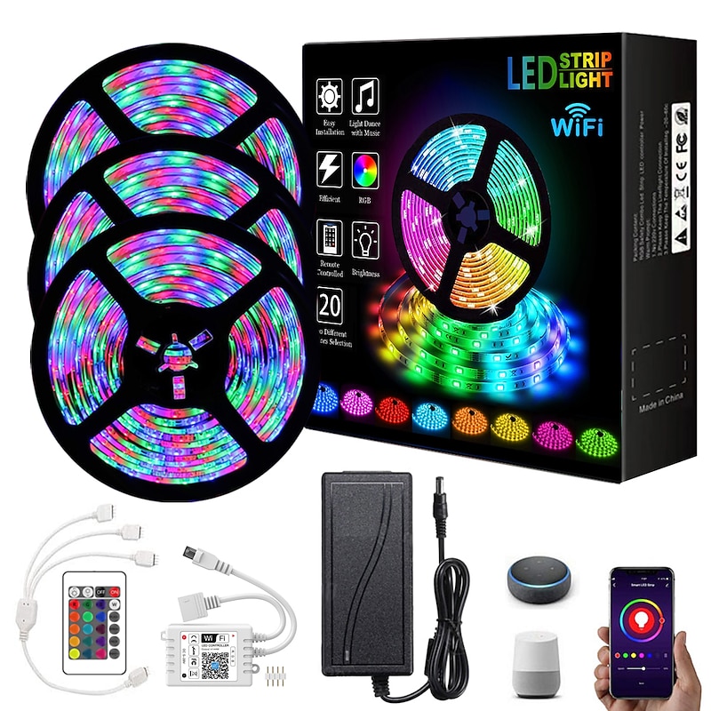 Smart RGB LED Strip Light App Control 15m 49ft 2835 SMD 810 LEDs IR 24 Key Controller Work with Alexa Google 12V 3A Adapter Kit