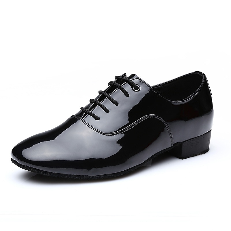 Men's Black Patent Faux Leather Lace-Up Dance Shoes with Soft Suede Sole – Classic Ballroom Shoes for Formal Events and Latin Dance