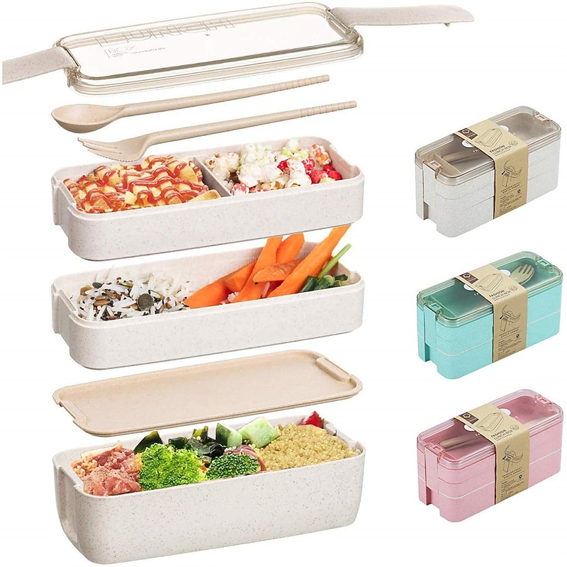 900ml Portable Lunch Box 3 Layer Wheat Straw Bento Boxes Microwave Dinnerware Food Storage Container Foodbox 1set