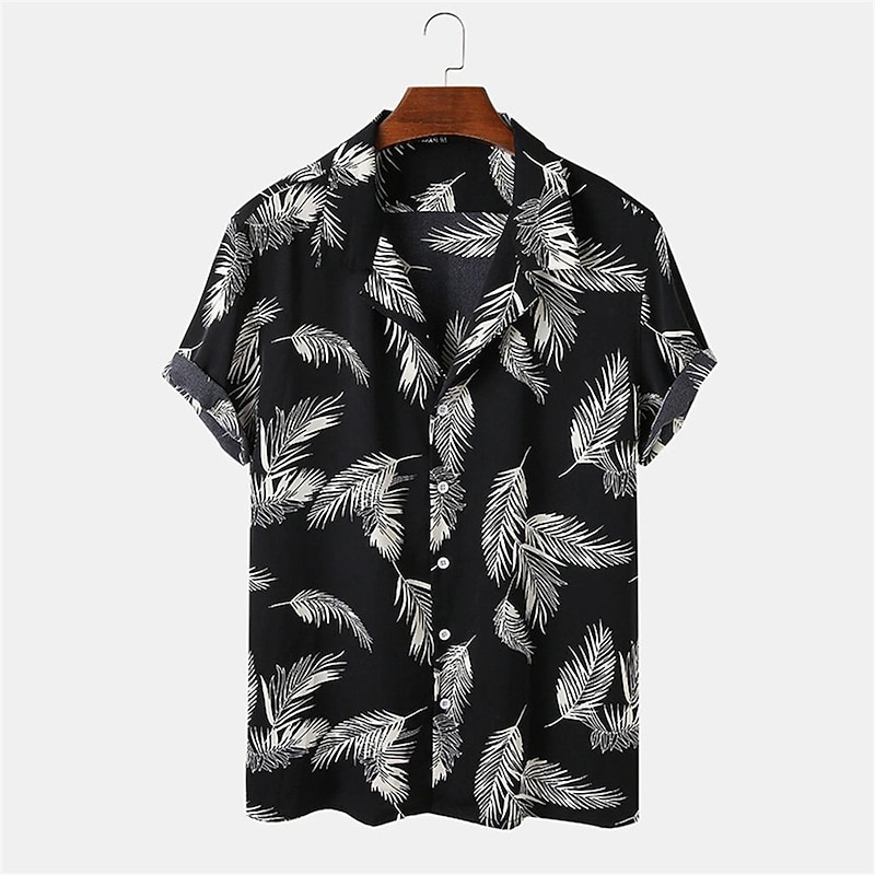 Men's Feather Tropical Plants Shirt Summer Hawaiian Shirt Camp Collar Shirt Short Sleeve Shirt Turndown Hawaiian Designer Casual Outdoor Daily Black Yellow Other Prints S M L