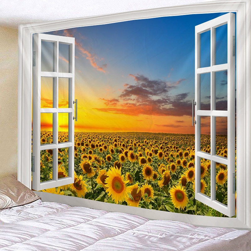 Window Landscape Wall Tapestry Art Decor Blanket Curtain Hanging Home Bedroom Living Room Decoration Garden Sunflower Sunset Pastoral3